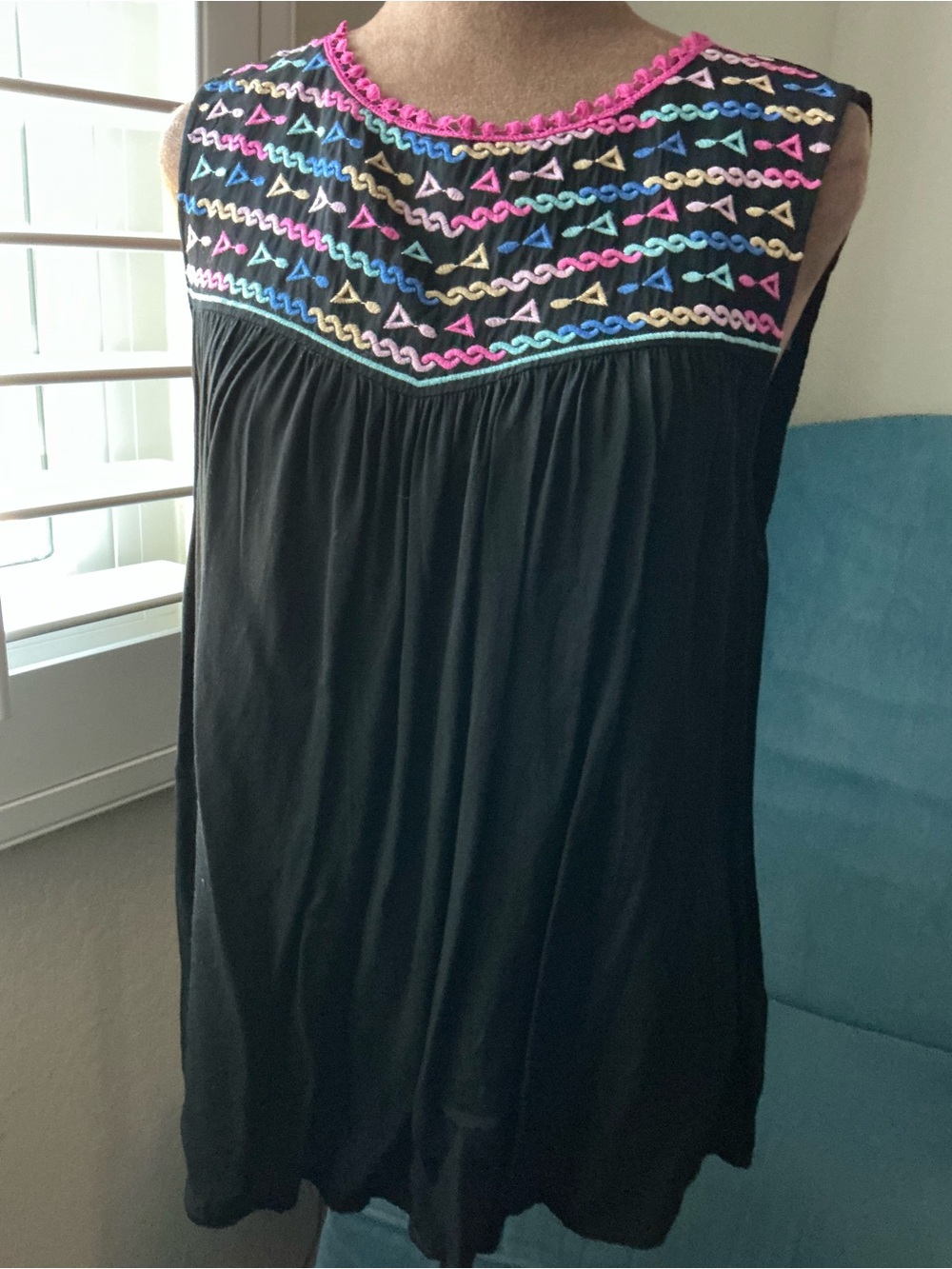 Savanna Jane Black Sleeveless tank with Multicolor Embroidered Yoke